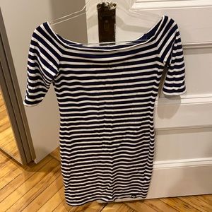 Below the shoulder white/blue striped mini dress